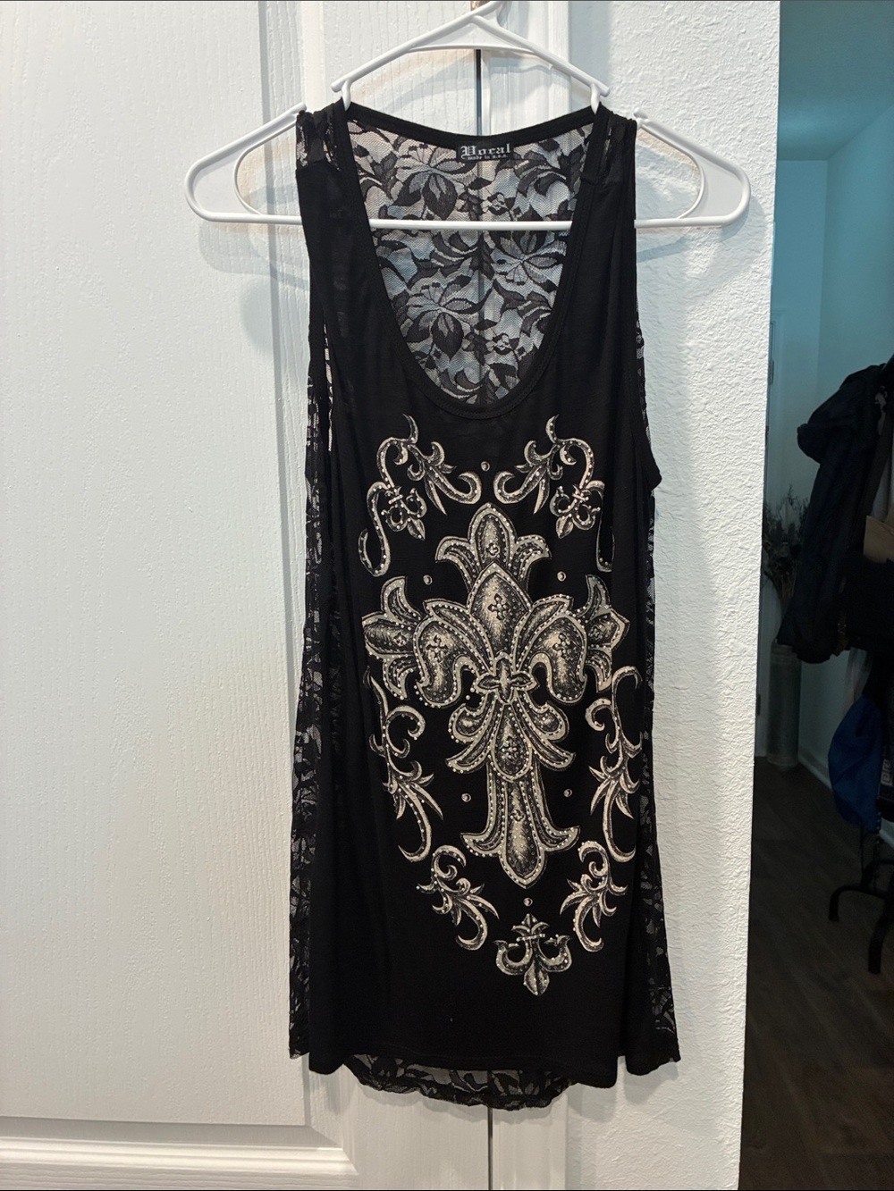 Vocal Black Tank Top with Silver Embellished Fleur-de-Lis